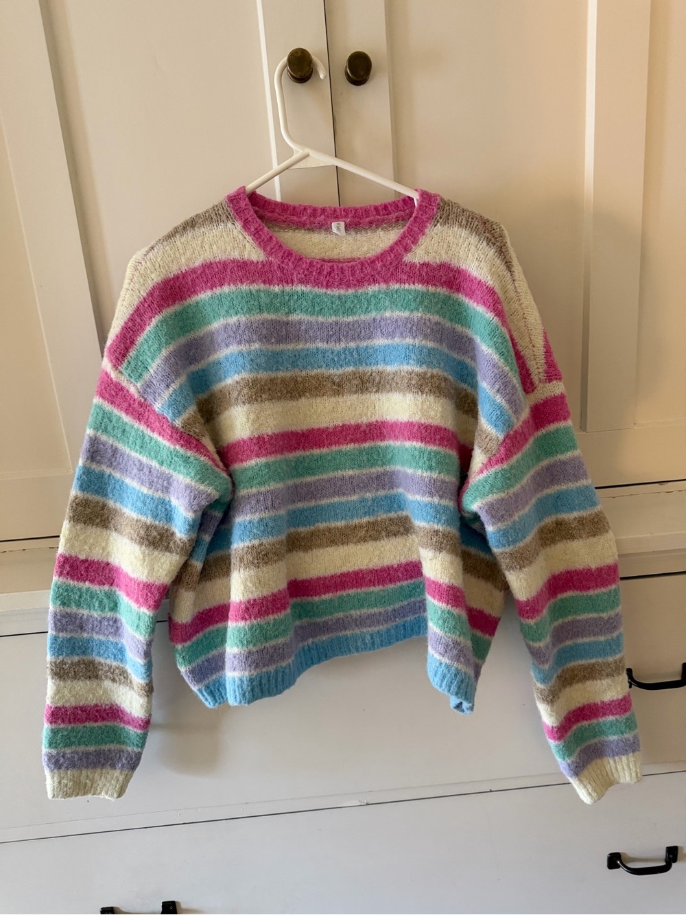 Wishlist Fuzzy Striped Crewneck Sweater in Cream, Pink, Blue & Green